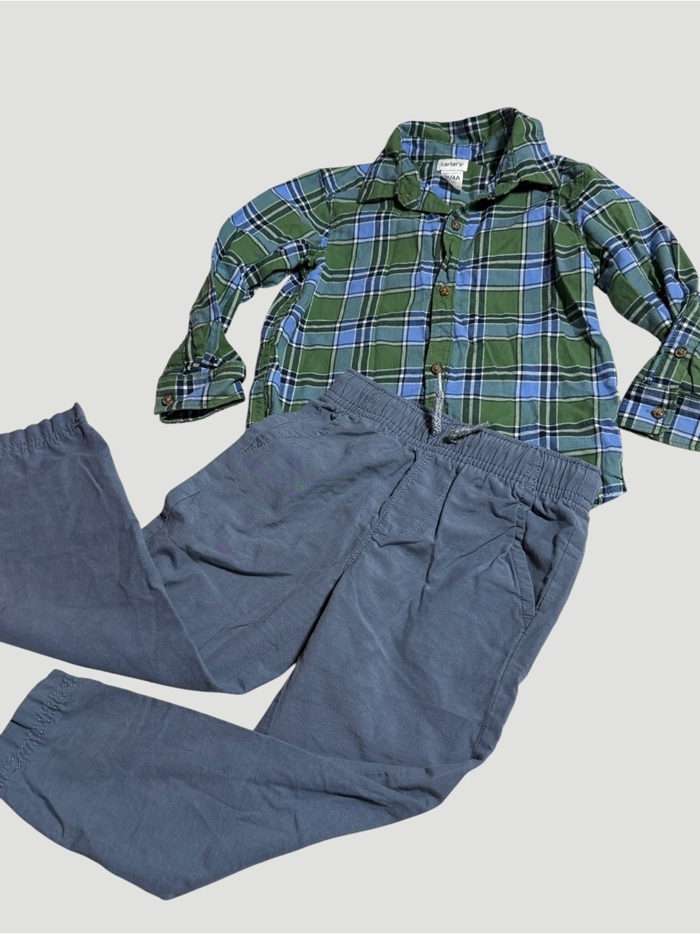 Boys Size 4 Set! LIKE NEW!! Green/Blue Plaid Button-Up Shirt W/Slate Blue Pants